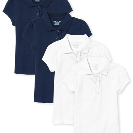 The Children's Place Polo de piqué con volantes de manga corta para niñas, paquete de 4, Tidal/White, Mediano