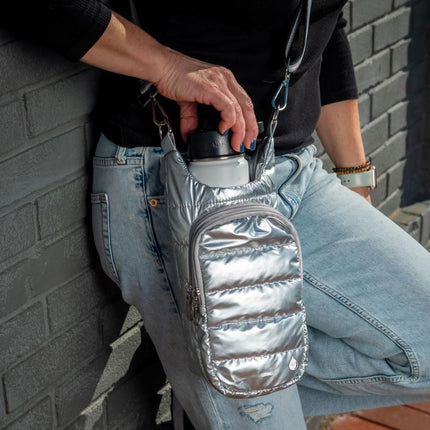 WanderFull® Original HydroBag® Fits Up to 32 oz Water Bottle Holder with Strap - Hands-Free Crossbody Water Bottle Carrier Bag with Phone Pocket - Silver Metallic