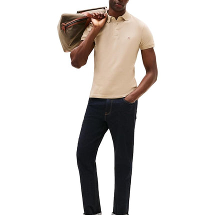 Tommy Hilfiger Men's Short Sleeve Polo Shirts in Slim Fit with Stretch and Organic Pique Cotton, Sandalwood, XL