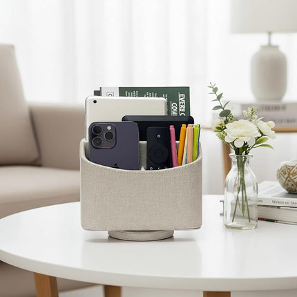 UnionBasic Rotating Desk Organizer, 360 Degree Desk Spinning Caddy, Desktop TV Guide/Mail/Media/Remote Controller Holder Organizer (Linen Texture Leather Beige)