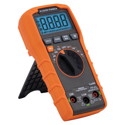 Multímetro digital Klein Tools MM420, multímetro TRMS de rango automático, voltaje de 600 V CA/CC, corriente de 10 A CA/CC, resistencia de 50 M ohmios, naranja/negro