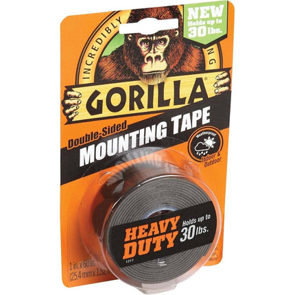 Gorilla - Heavy Duty Double Sided Mounting Tape, Weatherproof, 1" x 60", Black, (Pack of 1)