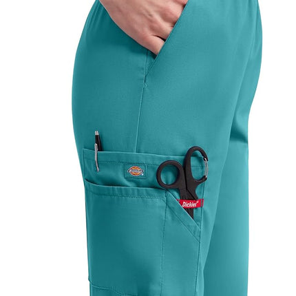 Dickies EDS Signature Scrubs for Women, Elastic Waist Pull-On Cargo Pants for Women in Soft Brushed Poplin 86106, Teal Blue, L Petite