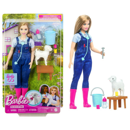 Barbie 65th Anniversary Doll & 10 Accessories, Farm Veterinarian Set with Blonde Vet Doll, Lamb with Moving Ears & More, HRG42