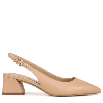 Franco Sarto Womens Racer Slingback Low Block Heel Pointed Toe Pump, Beige Nude Leather, 7 Wide