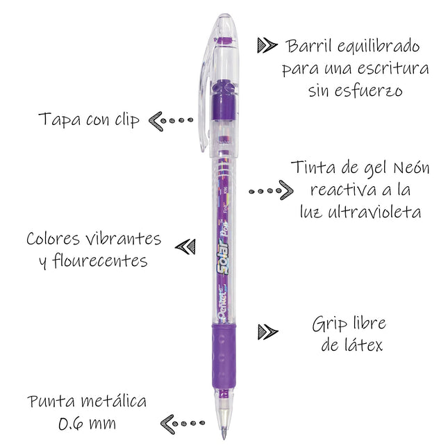 Bolígrafo de Gel Neon Pentel Solar Pop, (0.6mm) Trazo Medio, Tinta Violeta - K96-V