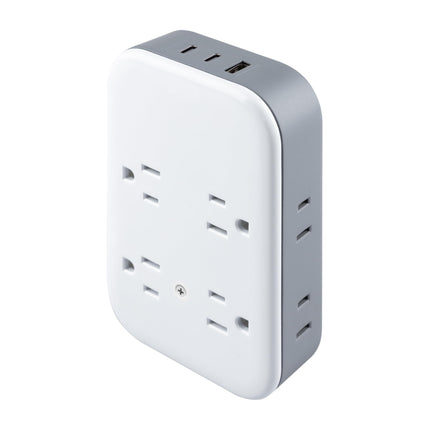 GE All-in-One Surge Protector Wall Tap, 8 Outlets (4 Grounded + 4 Polarized), 2 USB-C & 1 USB-A, 15W Shared, 1140J, Circuit Breaker, ETL Certified, White/Gray, 85633