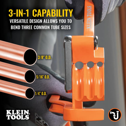 Klein Tools 51006 3-in-1 Tube Bender, 1/4, 5/16, and 3/8-Inch O.D. Tubing, Bends Soft Copper, Aluminum, Thin Wall Steel up to 180 Degrees
