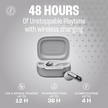 JBL Live Beam 3 - Auriculares intrauditivos de botón cerrados con cancelación de ruido, 48 horas de reproducción total, carga inalámbrica, 6 micrófonos para llamadas perfectas, conexión multipunto, resistencia IP55 al agua y al polvo