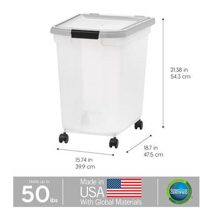 IRIS USA 50 Lbs/65 Qt WeatherPro Airtight Pet Food Storage Container with Removable Casters, Clear/Gray