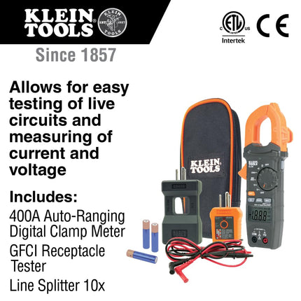 Juego de prueba eléctrica con medidor de pinza Klein Tools CL120KIT, CA de rango automático 400 A, pantalla retroiluminada, incluye probador de GFCI, divisor de línea, estuche, cables y 3 pilas AAA