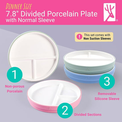 Elk and Friends Kids 7.8” Porcelain White Divided Plates with Silicone Sleeves | Suitable for Babies/Toddlers | Microwave & Dishwasher Safe | Non Slip Dinnerware | Snack Dishes | 4 Pack