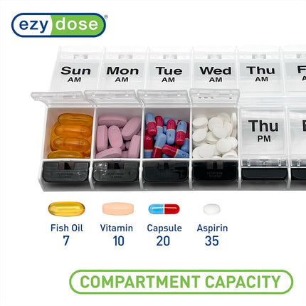 EZY DOSE Push Button (7-Day) Pill Case, Medicine Planner, Vitamin Organizer, 2 Times a Day AM/PM, Large Compartments, Arthritis Friendly, Clear Lids, Clear/Black, BPA Free