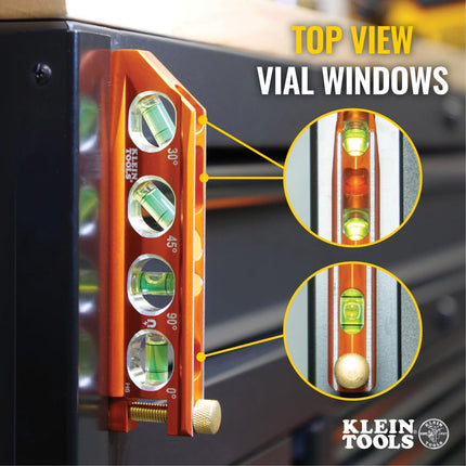 Klein Tools 935AB4V Level, 6-Inch Magnetic Torpedo and Conduit Level with 0/30/45/90 Degree Vials, V-Groove and Magnet Track, High Visibility Orange
