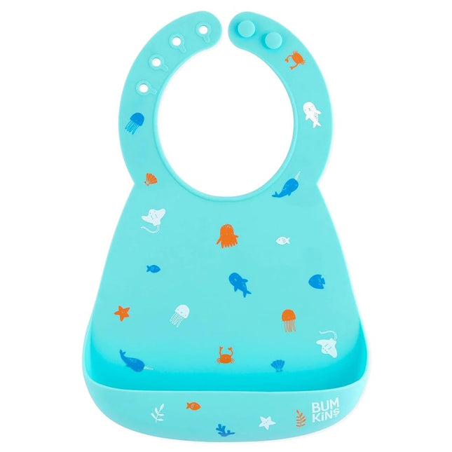 Bumkins Bibs, Silicone Pocket for Babies, Baby Bib for Girl or Boy, for 6-24 Months Up to Toddler, Essential Must Have for Eating, Feeding, Baby Led Weaning Supplies, Mess Saving, Ocean Life Blue
