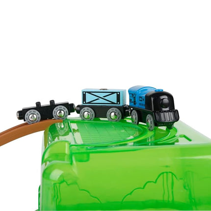 Sustainable Wood Toy Train, Hape Railway Bucket 50-piece Builder Set With Railway Tracks, 1 Railwayman, 1 Signal Box, 1 Truck, 1 Crane. 3 years +