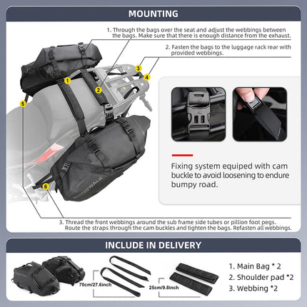 Rhinowalk Motorcycle Saddle Bags Waterproof Anti-Vibration Motor Side Bags Shoulder Bag Motorbike Panniers 48L(24L*2) for Most Adventure and Sport Bike Motorcycle Racks, 1 Pair