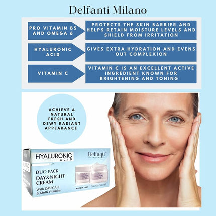 Delfanti Milano - Duo Acide Hyaluronique | Crème de Jour & de Nuit Anti-Âge [2 x 50mL] | Aux Oméga 6 & Multi-Vitamines | Fabriqué en Italie