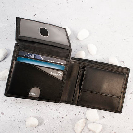 RFID Bifold Leather Wallet For Men with Flip Up ID in Vintage Buffalo Brown, With Coin Pocket - Nappa Black, Classic