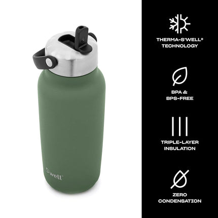 S'well - Recycled Stainless Steel Explorer with Flip Straw Lid, Triple Layered Vacuum Insulated Containers Keeps Drinks Cold for 42 Hours and Hot for 10 (32 oz, Green Jasper)