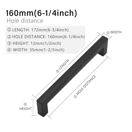 Redunest Cabinet Pulls Matte Black Cabinet Handles Square Drawer Pulls, 5 Pack 6-1/4 Inch Stainless Steel Kitchen Door Cupboard Cabinet Handles, Drawer Hardware Handles, 160mm Hole Centers