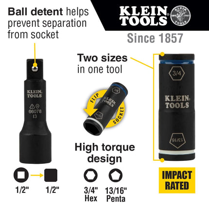 Klein Tools 66080 2-in-1 Flip Socket with Adapter, 5-Point 13/16-Inch Penta and 6-Point 3/4-Inch Hex Socket Sizes, Use with Impact Drivers
