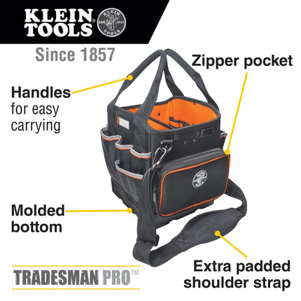 Tool Bag Tote with Shoulder Strap Has 40 Pockets for Tool Storage and Orange Interior KLEIN TOOLS 5541610-14