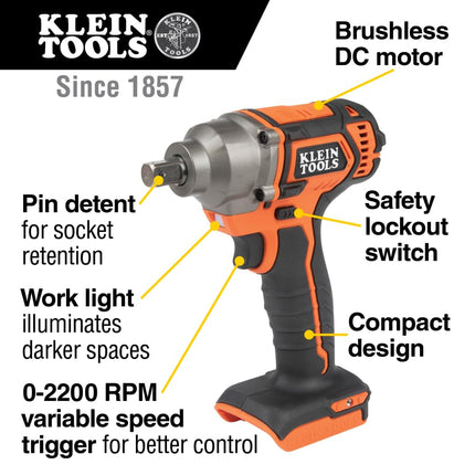 KLEIN TOOLS BAT20CW 1/2-Inch Battery-Operated Impact Wrench with Compact Design for Excellent Control in Tight Spaces (Power Tool Only)