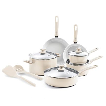 GreenPan Dover Healthy Ceramic Nonstick, 12 Piece Cookware Pots and Pans Set, PFAS-Free, Dishwasher Safe, Comfort Grip Handle, Cream White