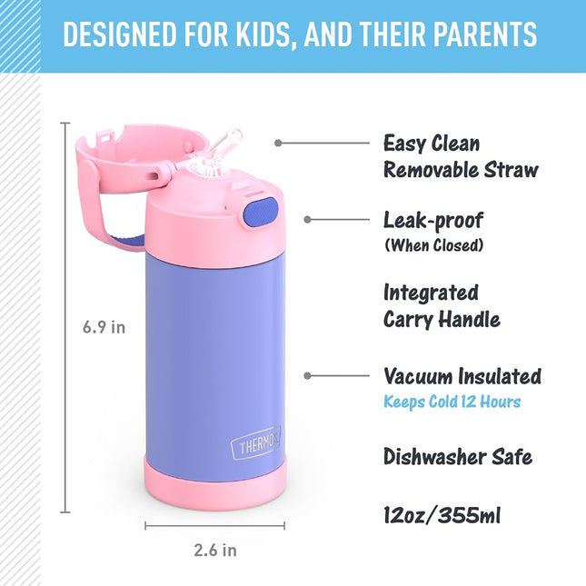 THERMOS FUNTAINER 12 Ounce Stainless Steel Vacuum Insulated Kids Straw Bottle, Purple/Pink