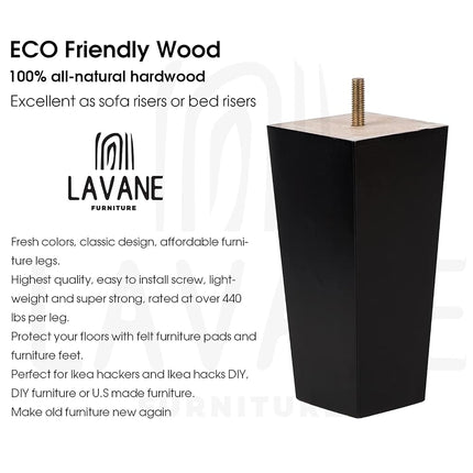 La Vane 8 inch / 20cm Solid Wood Furniture Legs Set of 4, Black Square Pyramid Replacement Feet for Couch Sofa Armchair - Mid-Century Modern with Pre-Drilled M8 Bolt & Metal Mounting Plates
