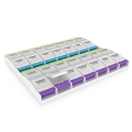 Pilulier hebdomadaire EZY DOSE (7 jours), boîte à vitamines et médicaments, compartiments à bouton-poussoir très grands (2X), 4 fois par jour, couvercles transparents