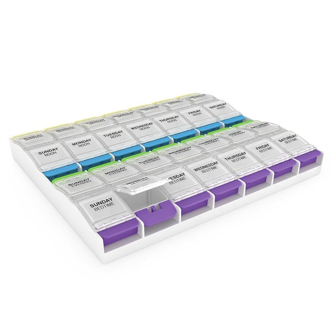 EZY DOSE Weekly (7-Day) Pill Organiser, Vitamin and Medicine Box, 2X-Large Push Button Compartments, 4 Times a Day, Clear Lids