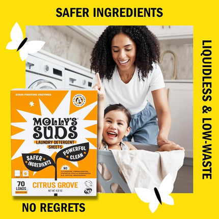 Molly’s Suds Laundry Detergent Sheets | Gentle on Sensitive Skin, Powerful Plant-Based Enzymes, Stain-Fighting | Liquidless & Plastic-Free Packaging | 70 Loads (Citrus Grove)