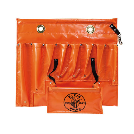 Klein Tools 51828 Tool Apron, Made in USA, 18-Inch Aerial Apron with 8 Pockets and Tool Pouches, Loops and Hooks in Hi-Viz Orange