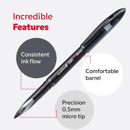 uni-ball UB-188-M Micro Air Rollerball Pens. Premium 0.5mm Nib for Super Smooth Handwriting. Writes Like a Fountain Pen. Fade and Water Resistant Liquid Uni Super Ink. Box of 12 Black Ballpoint Pens