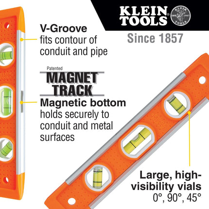 Klein Tools 935 Level, 9-Inch Magnetic Torpedo Level with 0/45/90 Degree Vials and V-Groove, Tapered Nose