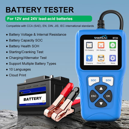 Veepeak Car Battery Tester 12V/24V, 100-2000 CCA Auto Battery Load Tester Analyzer with Cranking and Alternator Test for Cars, SUVs, Trucks, Boats and Motorcycles