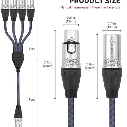 HUALEU 2Feet 3Pin XLR 1 Female to 4 Male Y Splitter Audio Cable,4Way-1 XLR Single Input to Four Output Parallel Connection Cable for Microphone, Audio Player, Power Amplifier, Mixing Console DMX