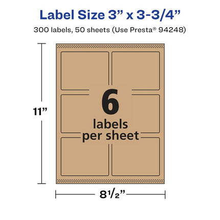 Avery Kraft Brown Rectangle Labels with Sure Feed, 3" x 3.75", 300 Kraft Brown Labels, Print-to-The-Edge, Laser/Inkjet Printable Labels