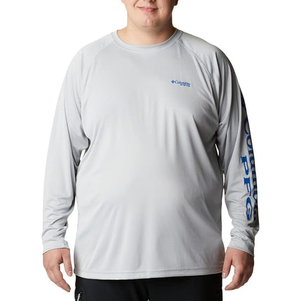 Columbia Men's Terminal Tackle Long Sleeve Fishing Shirt, Cool Grey/Vivid Blue Logo, Large