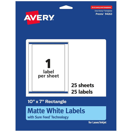Avery Matte White Rectangle Labels with Sure Feed, 10" x 7", 25 Matte White Printable Labels