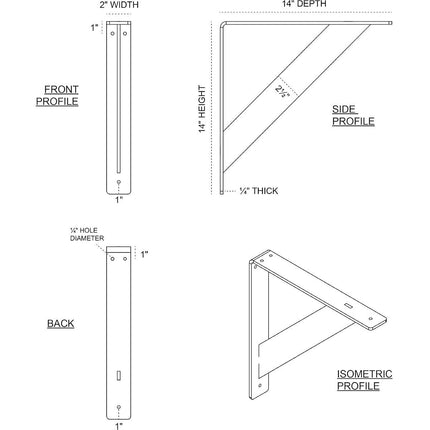 Ekena Millwork BKTM02X14X14TRHDB 2 inch W x 14 inch D x 14 inch H Traditional Steel Bracket, Hammered Dark Bronze