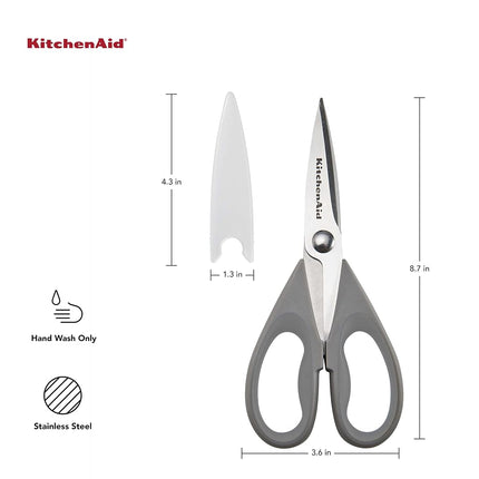 KitchenAid All Purpose Kitchen Shears with Protective Sheath Durable Stainless Steel Scissors, Dishwasher Safe, Soft Grip Comfort Handle, 8.72 Inch, Gray