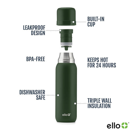 Ello Therma 32oz Insulated Stainless Steel Thermos for Hot & Cold Beverages with Leak Proof Lid & Built-in Cup, Triple Wall Insulation, Hot 24 Hrs, Perfect for Coffee,Tea, Dishwasher Safe, Green