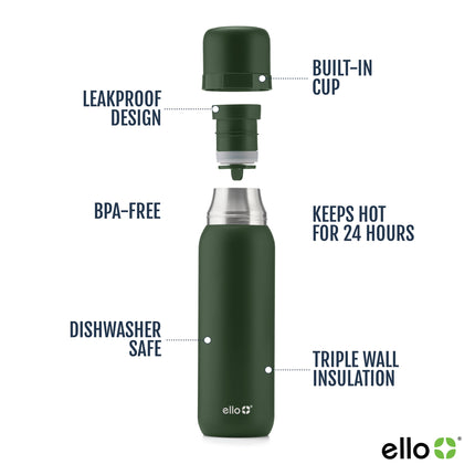 Ello Therma 32oz Insulated Stainless Steel Thermos for Hot & Cold Beverages with Leak Proof Lid & Built-in Cup, Triple Wall Insulation, Hot 24 Hrs, Perfect for Coffee,Tea, Dishwasher Safe, Green