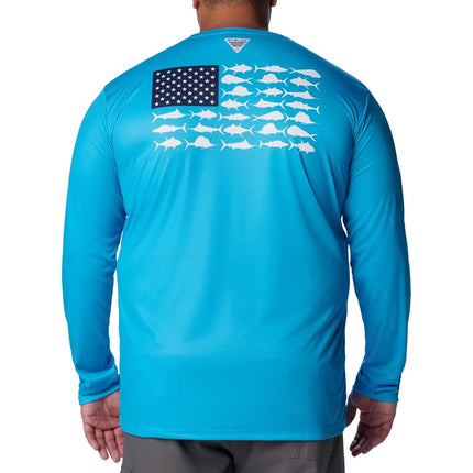 Columbia Men's Terminal Tackle PFG Fish Flag Long Sleeve T-Shirt, Ocean Blue/Coll Navy Offshore Slam, X-Small