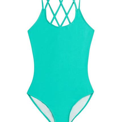 Traje de baño de una pieza con cr criss-cross Kanu Surf Reese UPF 50 para niñas, color sólido Atlantis, talla 6