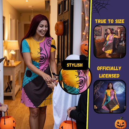 Disney Nightmare Before Christmas Sally | Women's Multicoloured Short Sleeve Costume Dress | Halloween Party Outfit | Cosplay Dress | Themed Apparel for Fans Merch - XX-Large