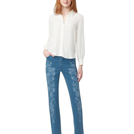 HUE Women's Ultra Soft High Waist Denim Baby Bootcut Leggings, Floral Medium Wash, Large